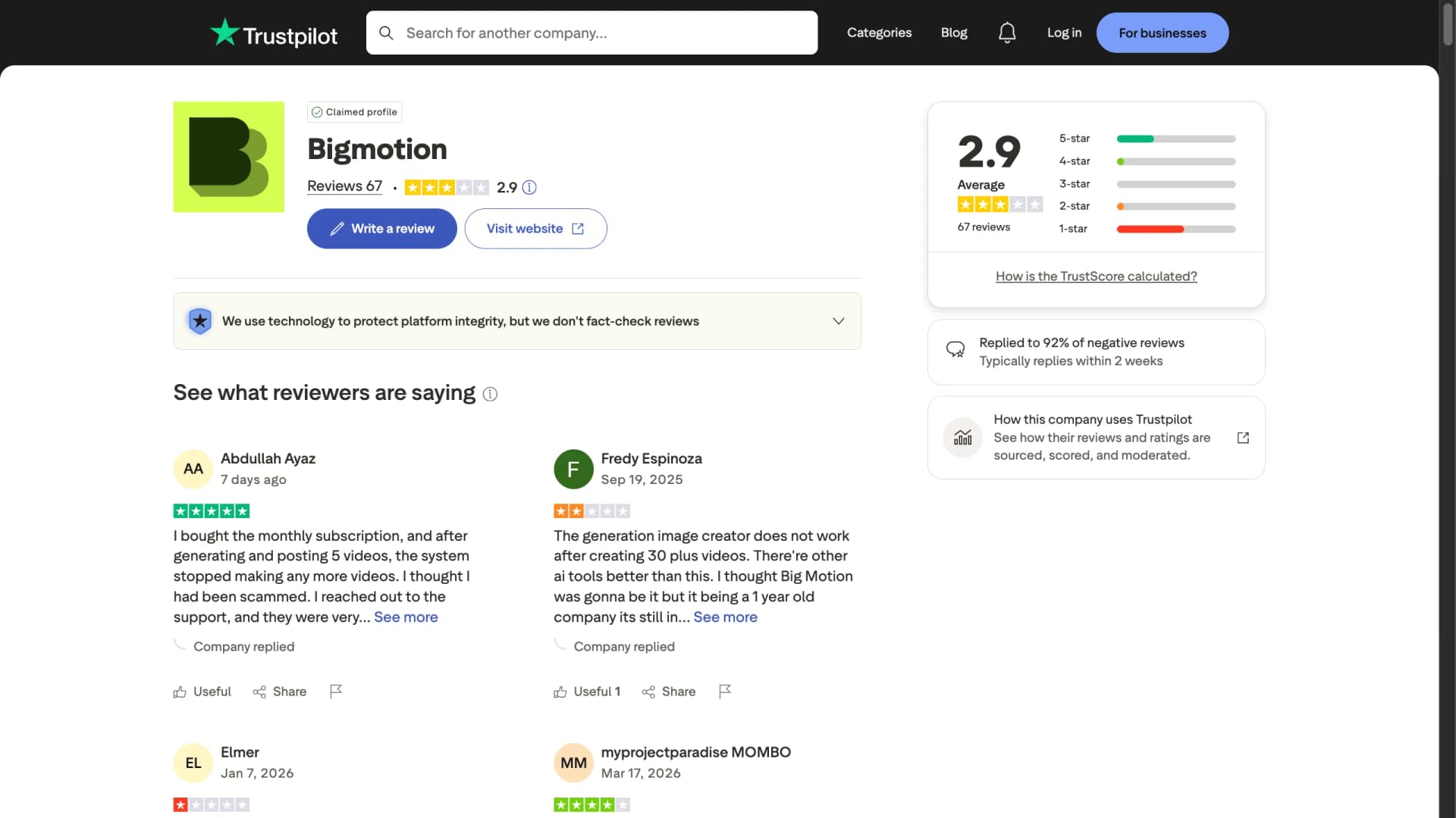 BigMotion AI Trustpilot rating 2.9 out of 5 from 67 reviews — April 2026