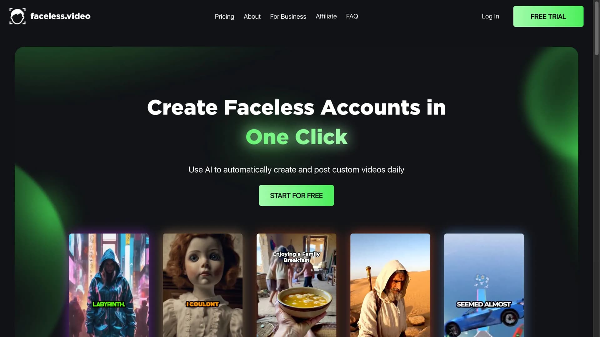 Faceless.video homepage describing the tool as a content creation team — April 2026