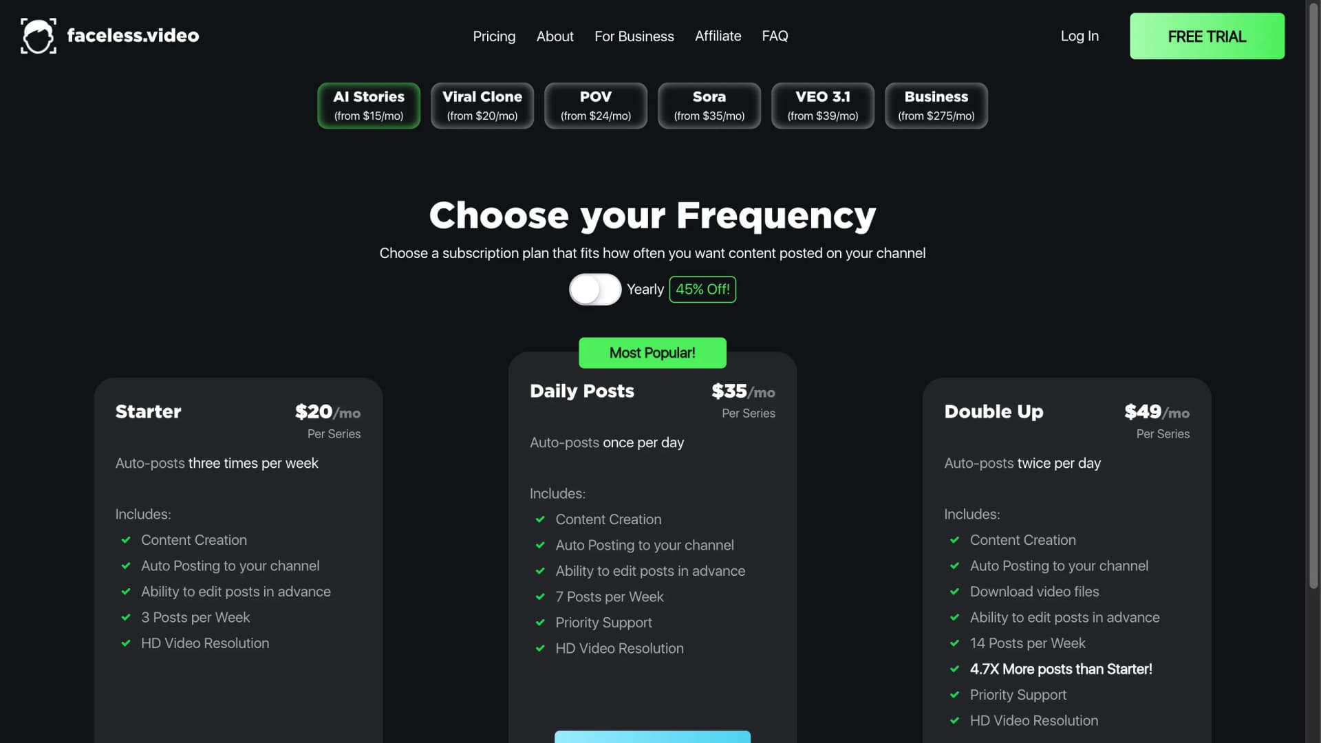 Faceless.video pricing page showing AI Stories and VEO 3.1 plans — April 2026