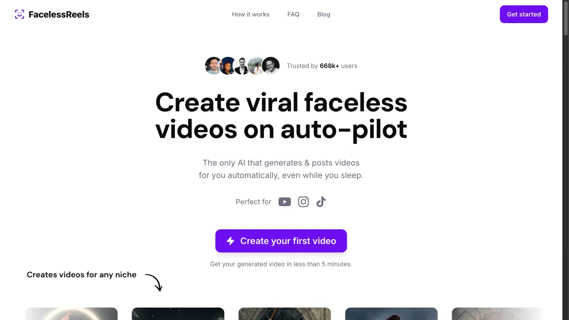 FacelessReels.com homepage claiming 644,000 users — April 2026
