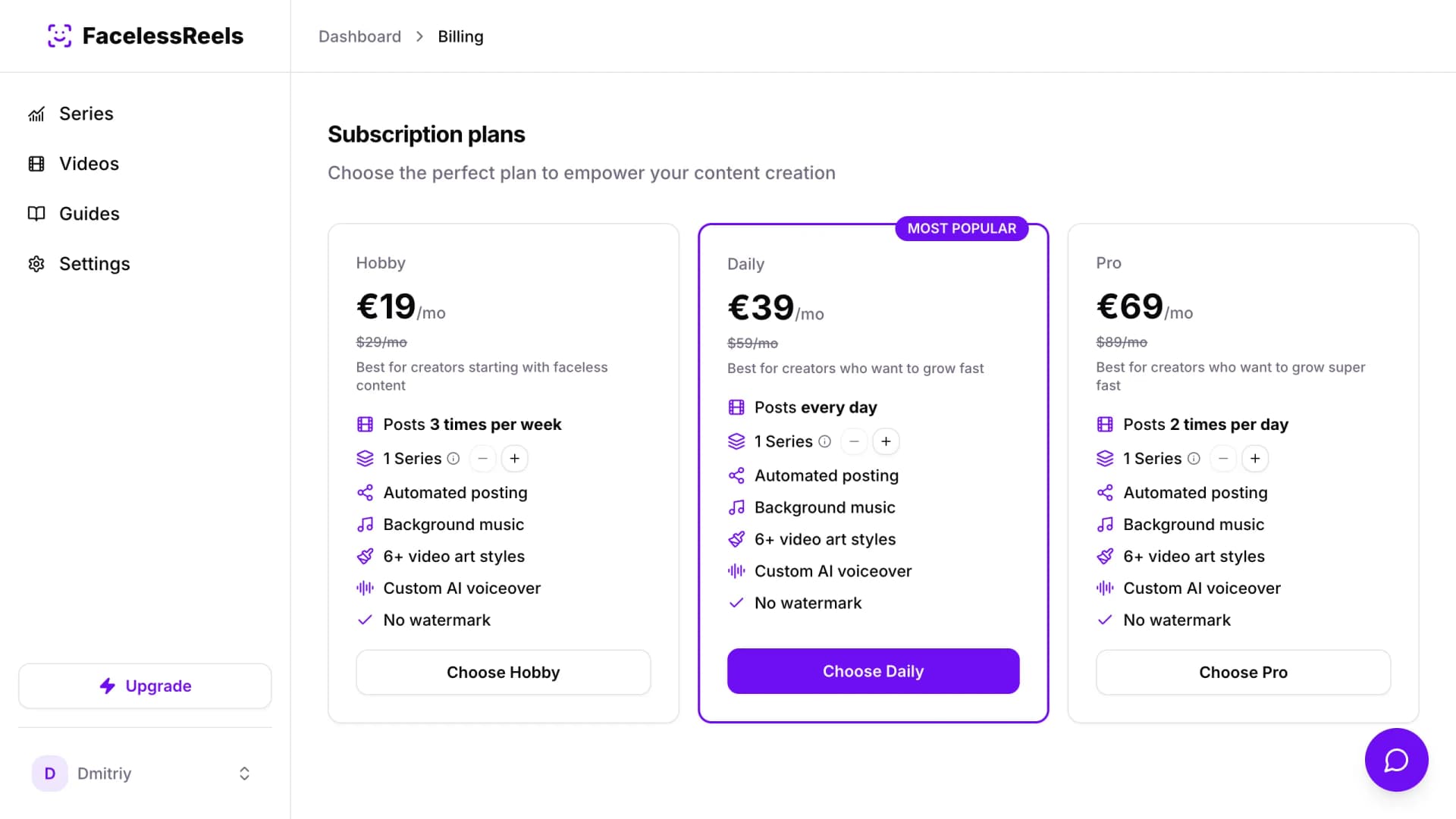 FacelessReels pricing page showing three plans from 19 to 69 dollars per month — April 2026