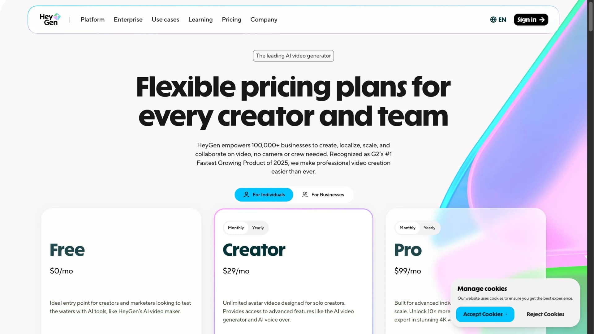 HeyGen pricing page showing Creator at 29, Pro at 99, Business at 149 dollars — April 2026